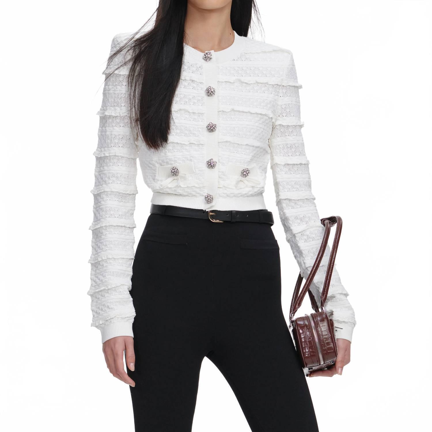 New Self-Portrait Pointelle Diamante Cardigan In White